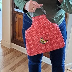 Quilted Butterfly Handbag Tote Red White Acrylic Handle Unlined